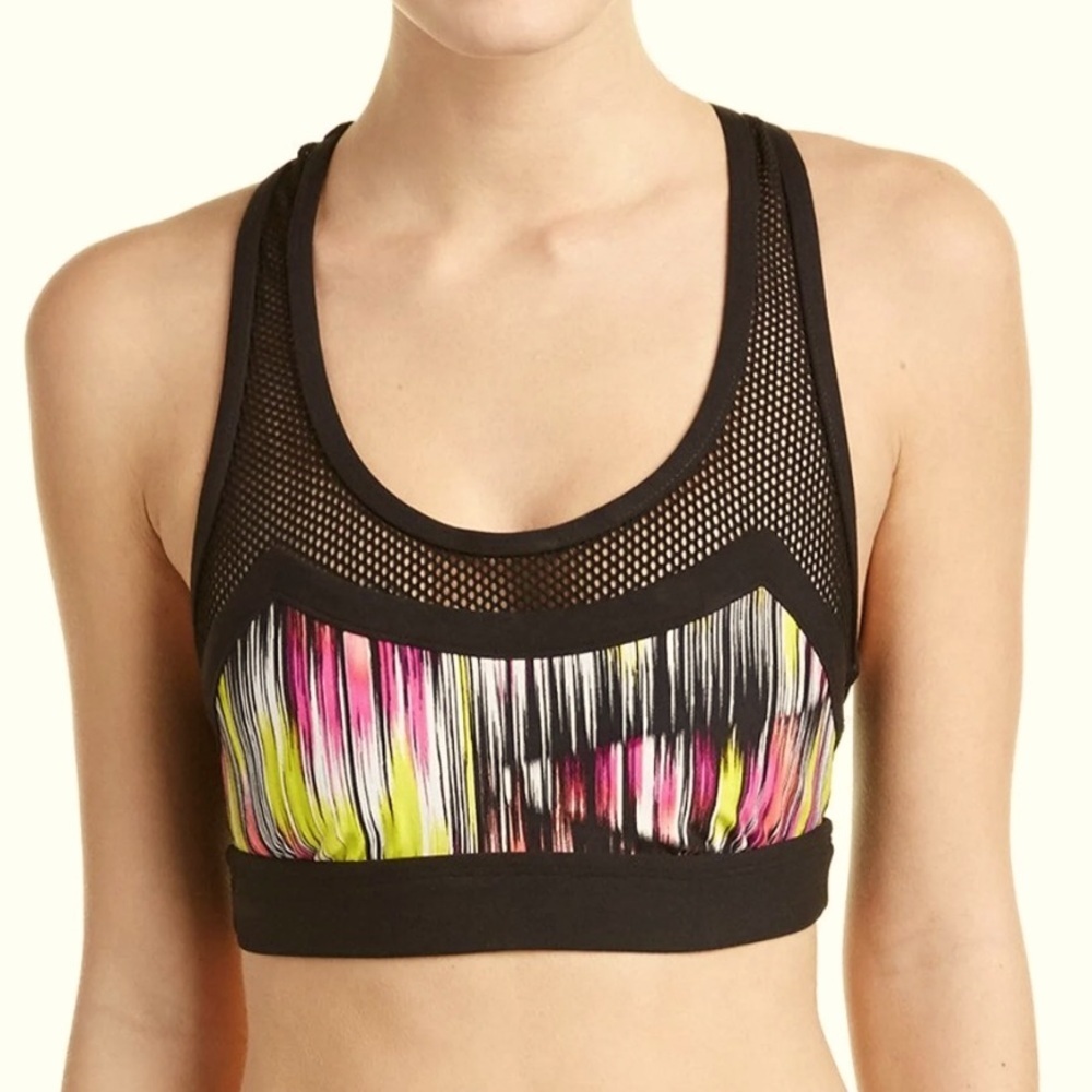 Trina Turk Digikat Women M Mesh Racerback Sports Bra M Black Pink Yellow